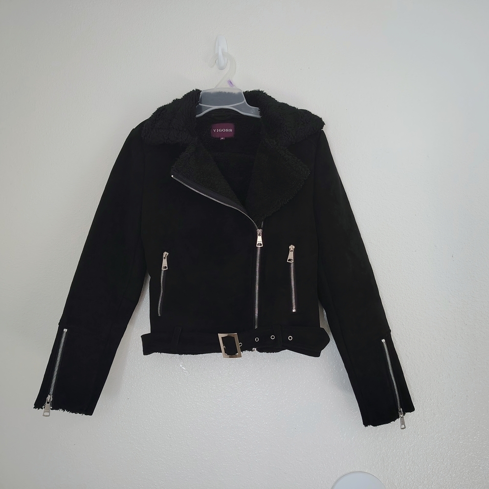 VIGOSS Women’s Black Moto Jacket Faux Suede Sherpa Lined | Size M